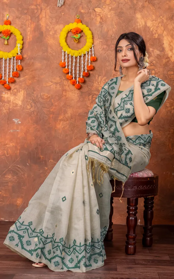 Tantuja_Inspired_Traditional_Karat_Needle_Nakshi_Jaal_Work_Soft_Jamdani_Saree_In_Beige_Deep_Green_And_Matte_Golden