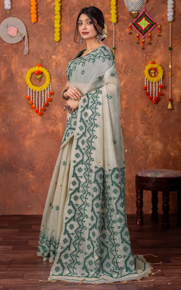 Tantuja_Inspired_Traditional_Karat_Needle_Nakshi_Jaal_Work_Soft_Jamdani_Saree_In_Beige_Deep_Green_And_Matte_Golden