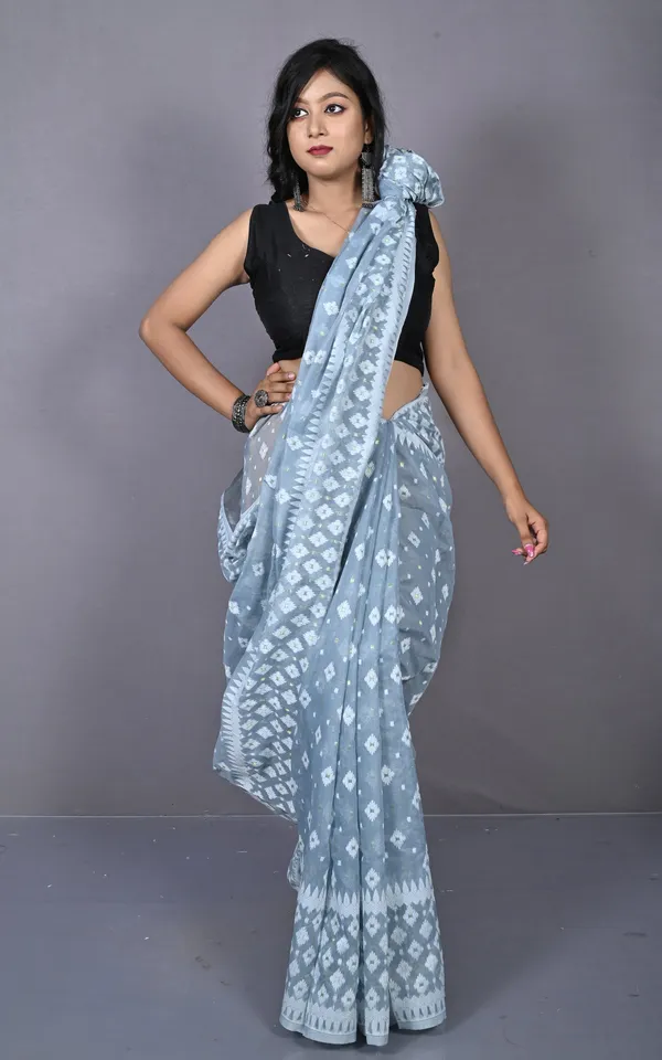 Solapuri_Work_Jamdani_Saree_In_Polo_Blue_Off_White_And_Golden