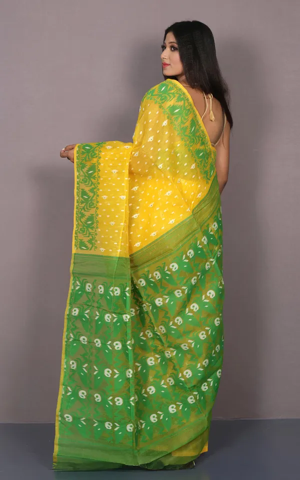 Traditional_Karat_Nakshi_Work_Cotton_Muslin_Soft_Jamdani_Saree_In_Sunglow_Yellow_And_Green