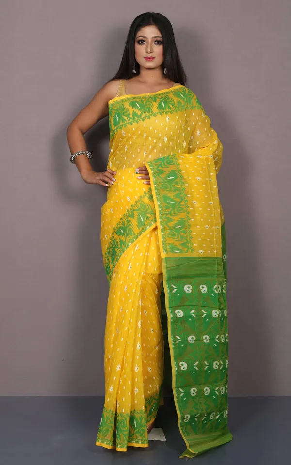 Traditional_Karat_Nakshi_Work_Cotton_Muslin_Soft_Jamdani_Saree_In_Sunglow_Yellow_And_Green