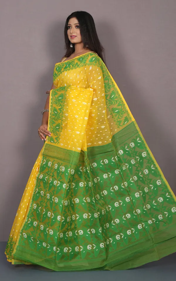 Traditional_Karat_Nakshi_Work_Cotton_Muslin_Soft_Jamdani_Saree_In_Sunglow_Yellow_And_Green