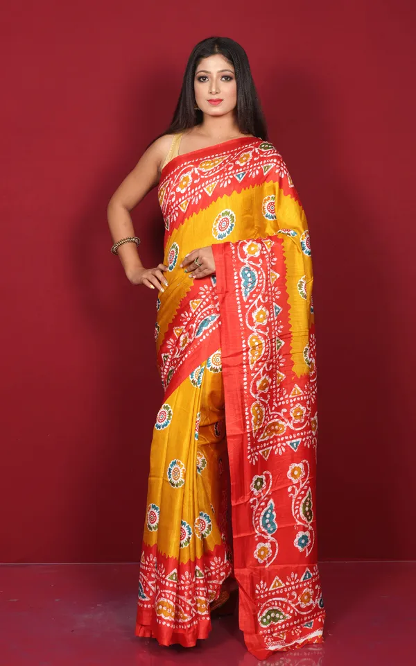 Printed_Soft_Semi_Ghicha_Silk_Saree_In_Munsell_Yellow_Red_And_Multicolor