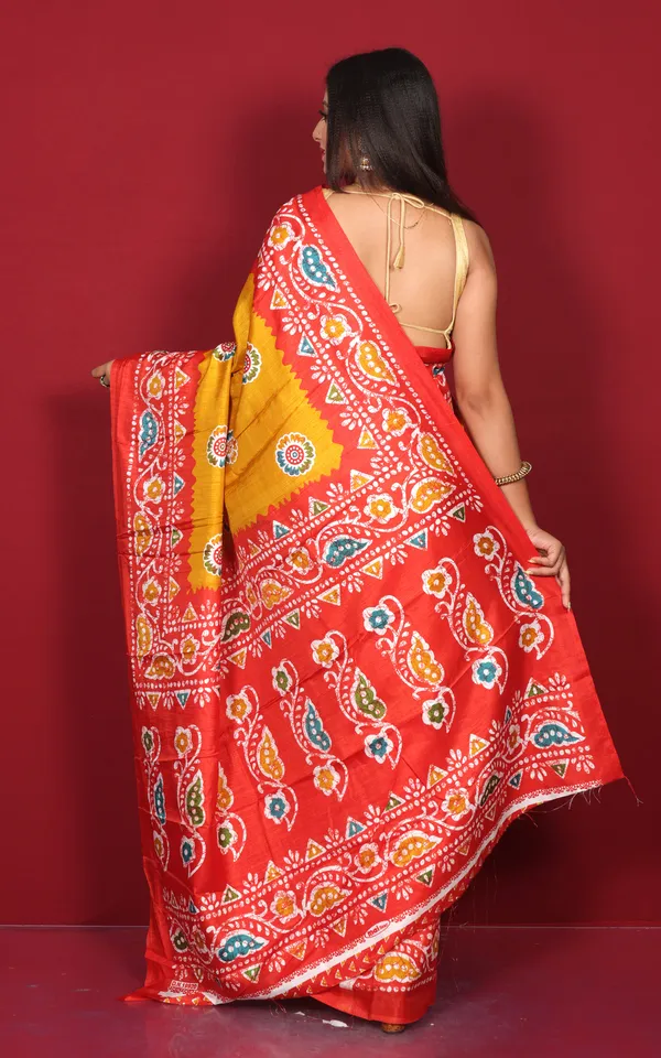 Printed_Soft_Semi_Ghicha_Silk_Saree_In_Munsell_Yellow_Red_And_Multicolor