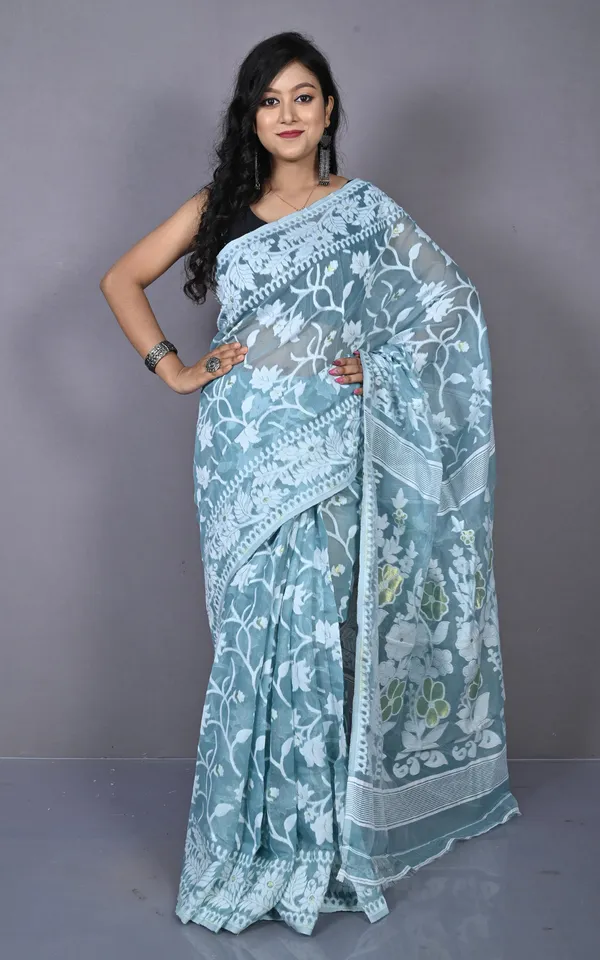 Solapuri_Work_Jamdani_Saree_In_Grey_Blue_Off_White_And_Golden