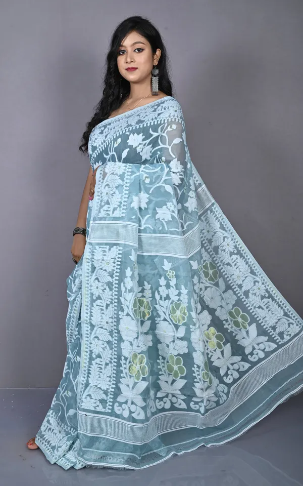 Solapuri_Work_Jamdani_Saree_In_Grey_Blue_Off_White_And_Golden