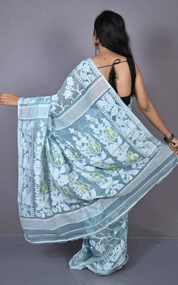 Solapuri_Work_Jamdani_Saree_In_Grey_Blue_Off_White_And_Golden