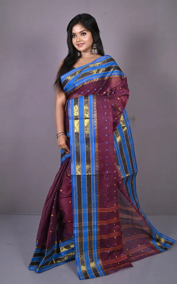Designer_Metro_Nakshi_Border_Bengal_Tangail_Hazar_Butti_Cotton_Saree_In_Black_Berry_And_Royal_Blue