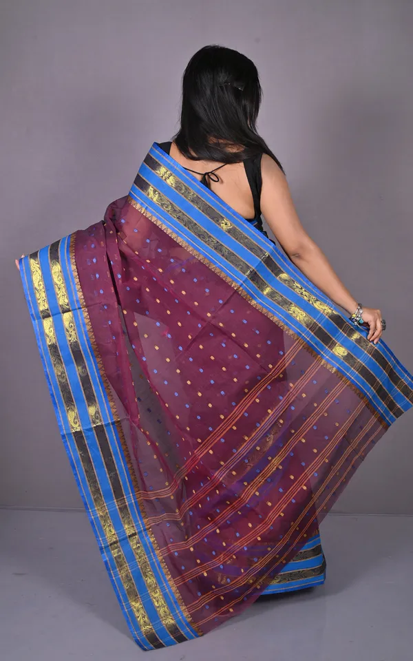 Designer_Metro_Nakshi_Border_Bengal_Tangail_Hazar_Butti_Cotton_Saree_In_Black_Berry_And_Royal_Blue