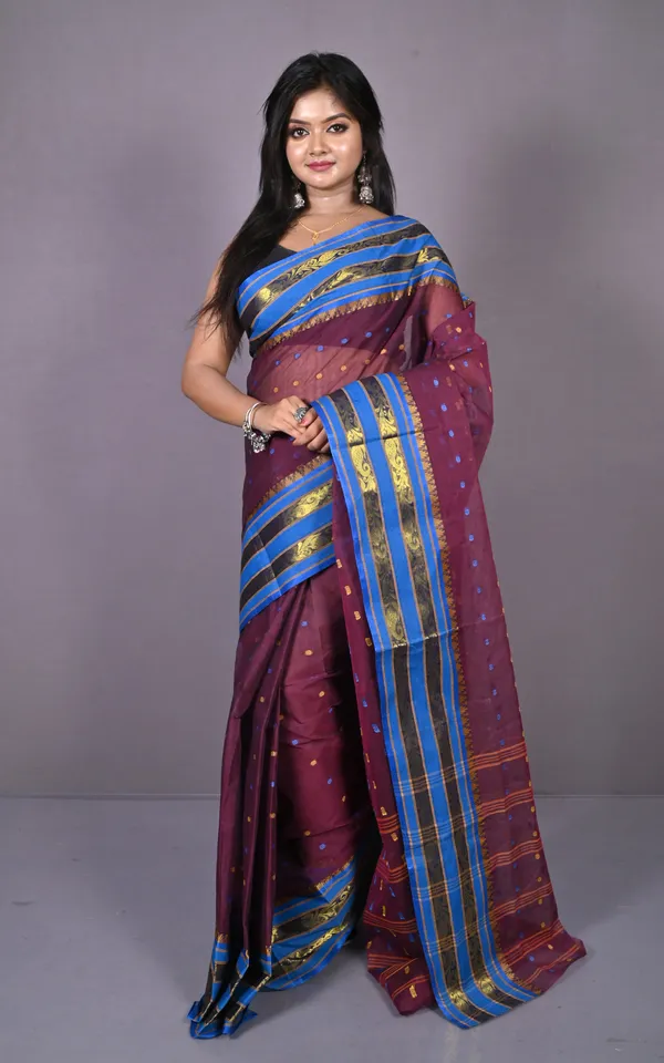 Designer_Metro_Nakshi_Border_Bengal_Tangail_Hazar_Butti_Cotton_Saree_In_Black_Berry_And_Royal_Blue
