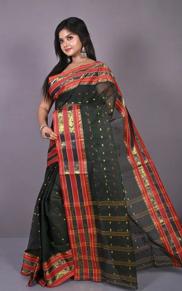 Designer_Metro_Nakshi_Border_Bengal_Tangail_Hazar_Butti_Cotton_Saree_In_Black_And_Red