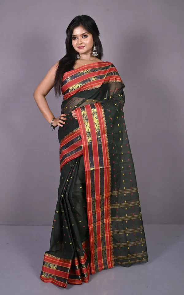 Designer_Metro_Nakshi_Border_Bengal_Tangail_Hazar_Butti_Cotton_Saree_In_Black_And_Red
