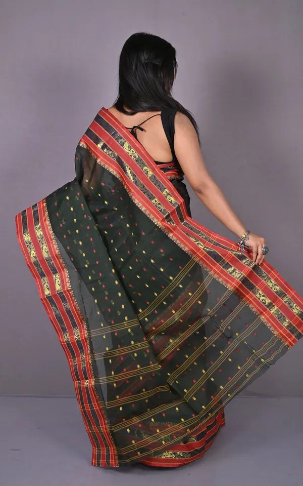 Designer_Metro_Nakshi_Border_Bengal_Tangail_Hazar_Butti_Cotton_Saree_In_Black_And_Red