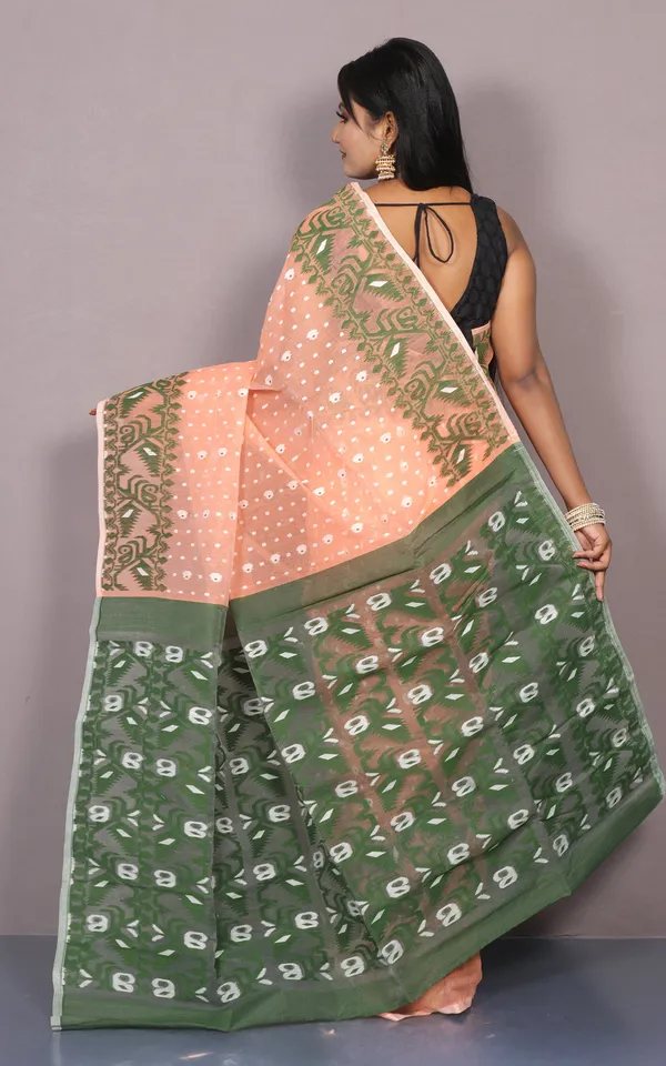 Traditional_Karat_Nakshi_Work_Cotton_Muslin_Soft_Jamdani_Saree_In_Apricot_And_Dark_Green