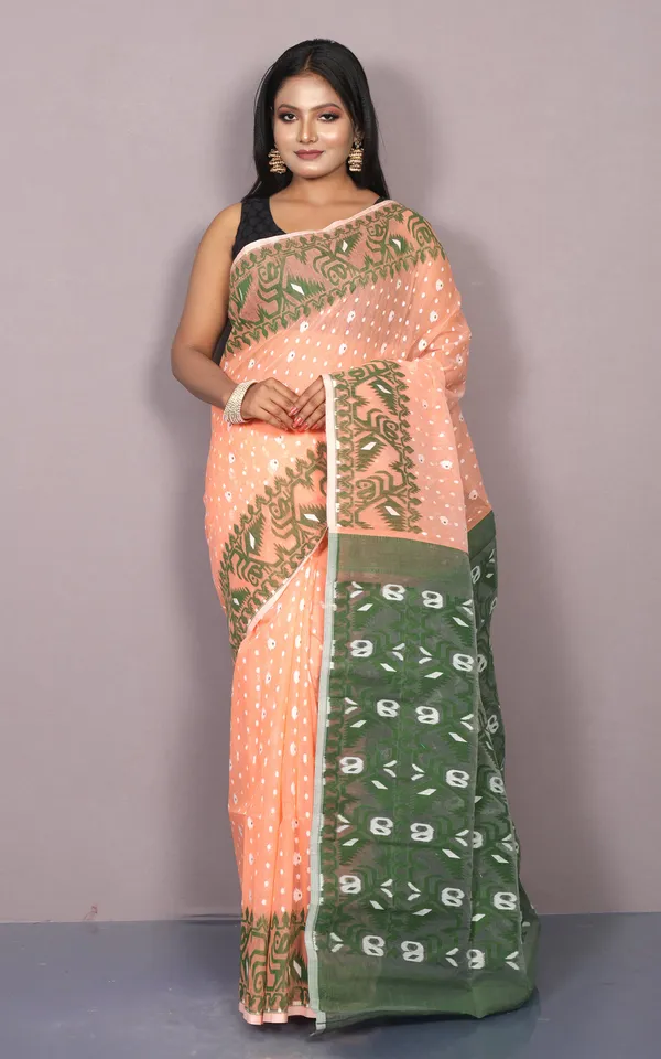 Traditional_Karat_Nakshi_Work_Cotton_Muslin_Soft_Jamdani_Saree_In_Apricot_And_Dark_Green