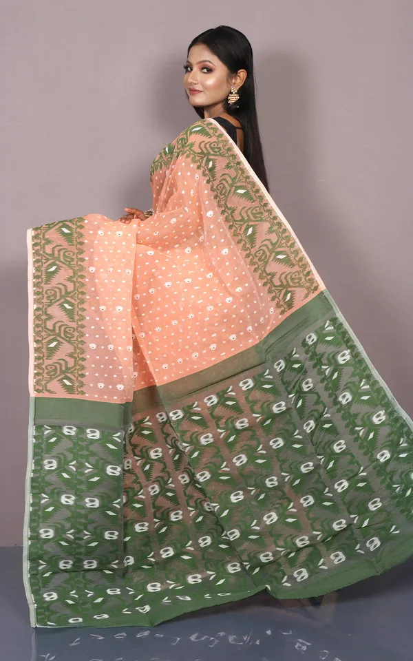 Traditional_Karat_Nakshi_Work_Cotton_Muslin_Soft_Jamdani_Saree_In_Apricot_And_Dark_Green