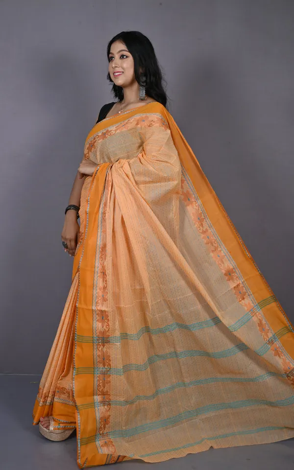 Designer_Bengal_Tangail_Self_Nakshi_Kantha_Thread_Work_Cotton_Saree_In_Cantaloupe_Brown_And_Sea_Green