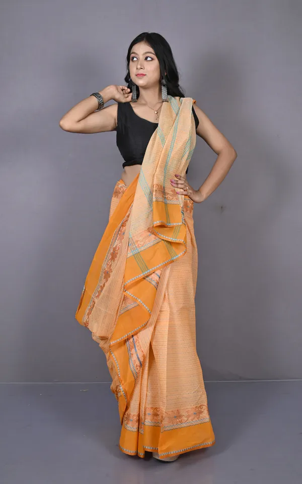 Designer_Bengal_Tangail_Self_Nakshi_Kantha_Thread_Work_Cotton_Saree_In_Cantaloupe_Brown_And_Sea_Green