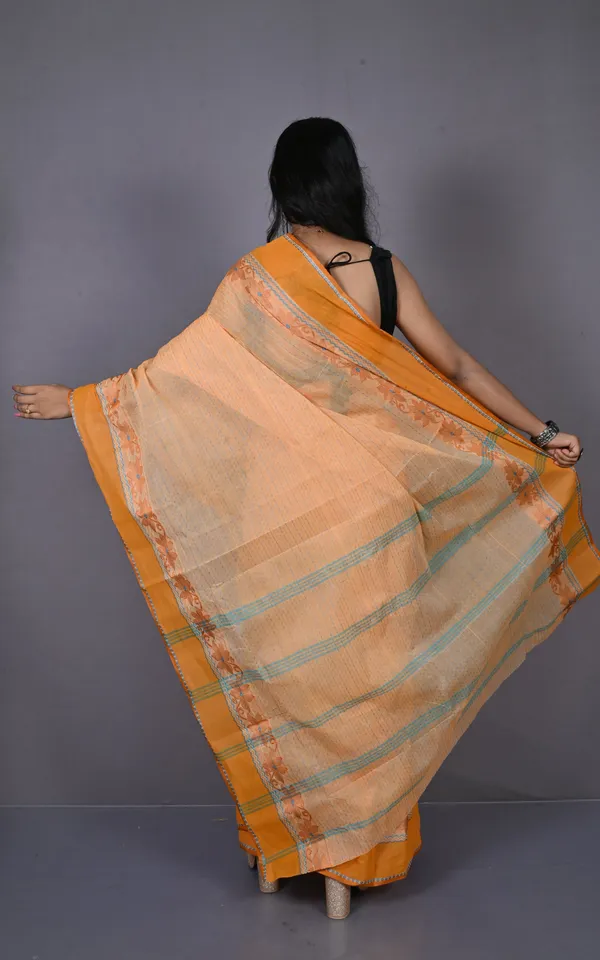 Designer_Bengal_Tangail_Self_Nakshi_Kantha_Thread_Work_Cotton_Saree_In_Cantaloupe_Brown_And_Sea_Green