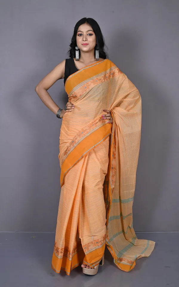 Designer_Bengal_Tangail_Self_Nakshi_Kantha_Thread_Work_Cotton_Saree_In_Cantaloupe_Brown_And_Sea_Green