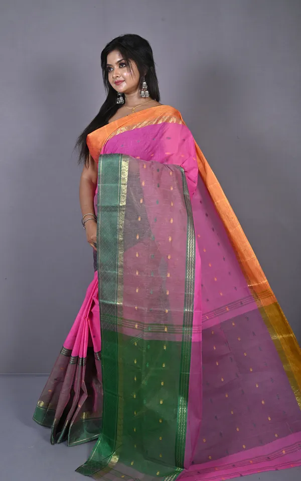 Designer_Bengal_Tangail_Hazar_Butti_Cotton_Saree_In_Rose_Pink_Mustard_Golden_And_Dark_Green