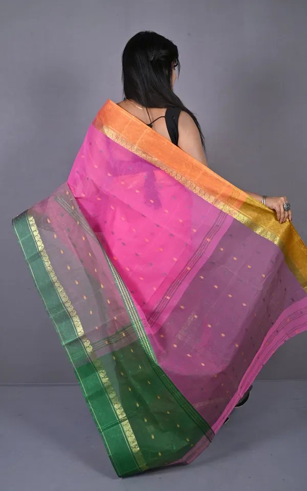 Designer_Bengal_Tangail_Hazar_Butti_Cotton_Saree_In_Rose_Pink_Mustard_Golden_And_Dark_Green