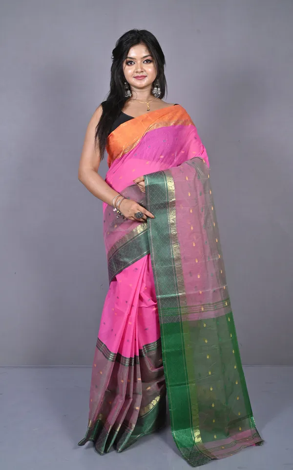 Designer_Bengal_Tangail_Hazar_Butti_Cotton_Saree_In_Rose_Pink_Mustard_Golden_And_Dark_Green