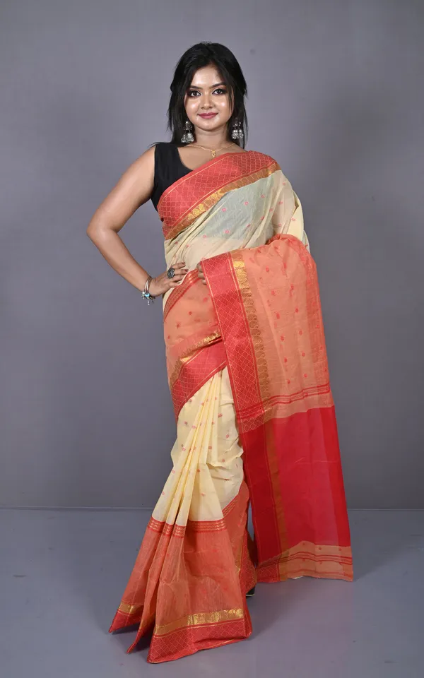 Designer_Bengal_Tangail_Hazar_Butti_Cotton_Saree_In_Cream_And_Red