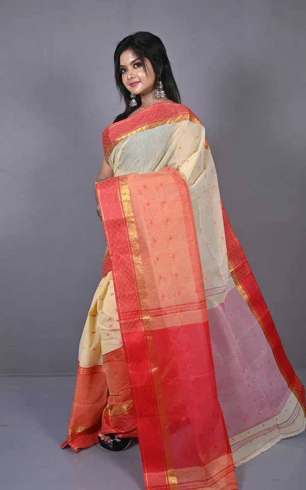 Designer_Bengal_Tangail_Hazar_Butti_Cotton_Saree_In_Cream_And_Red