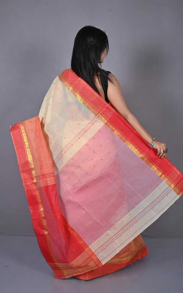 Designer_Bengal_Tangail_Hazar_Butti_Cotton_Saree_In_Cream_And_Red