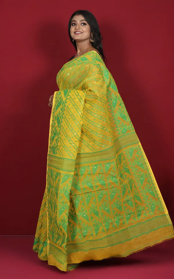 Traditional_Karat_Nakshi_Work_Cotton_Muslin_Soft_Jamdani_Saree_In_Bright_Yellow_And_Green
