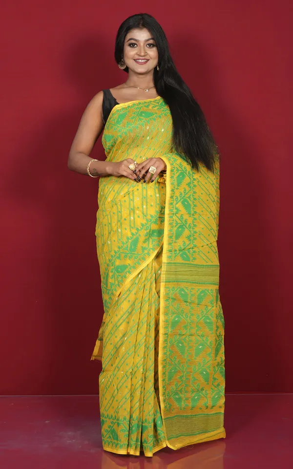Traditional_Karat_Nakshi_Work_Cotton_Muslin_Soft_Jamdani_Saree_In_Bright_Yellow_And_Green