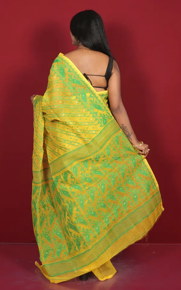Traditional_Karat_Nakshi_Work_Cotton_Muslin_Soft_Jamdani_Saree_In_Bright_Yellow_And_Green