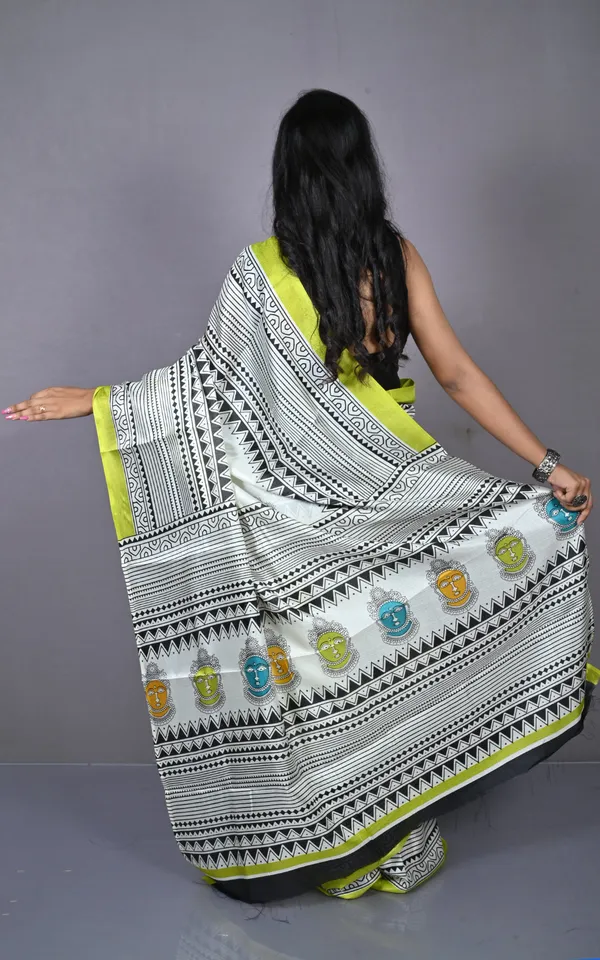 Printed_Soft_Semi_Ghicha_Silk_Saree_In_Off_White_Olive_Green_And_Multicolor