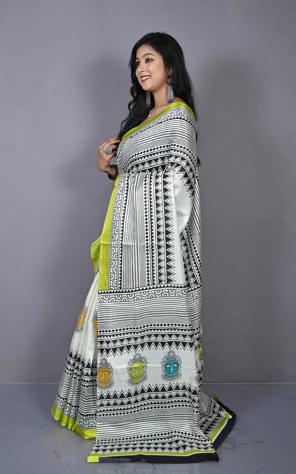 Printed_Soft_Semi_Ghicha_Silk_Saree_In_Off_White_Olive_Green_And_Multicolor