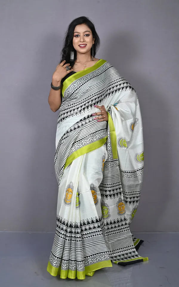 Printed_Soft_Semi_Ghicha_Silk_Saree_In_Off_White_Olive_Green_And_Multicolor