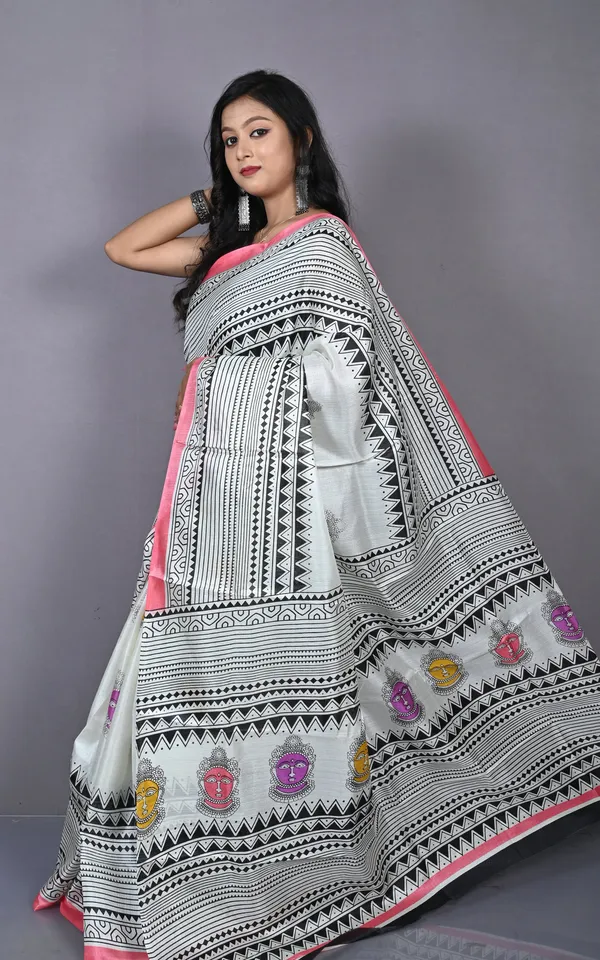 Printed_Soft_Semi_Ghicha_Silk_Saree_In_Off_White_Rosy_Peach_And_Multicolor
