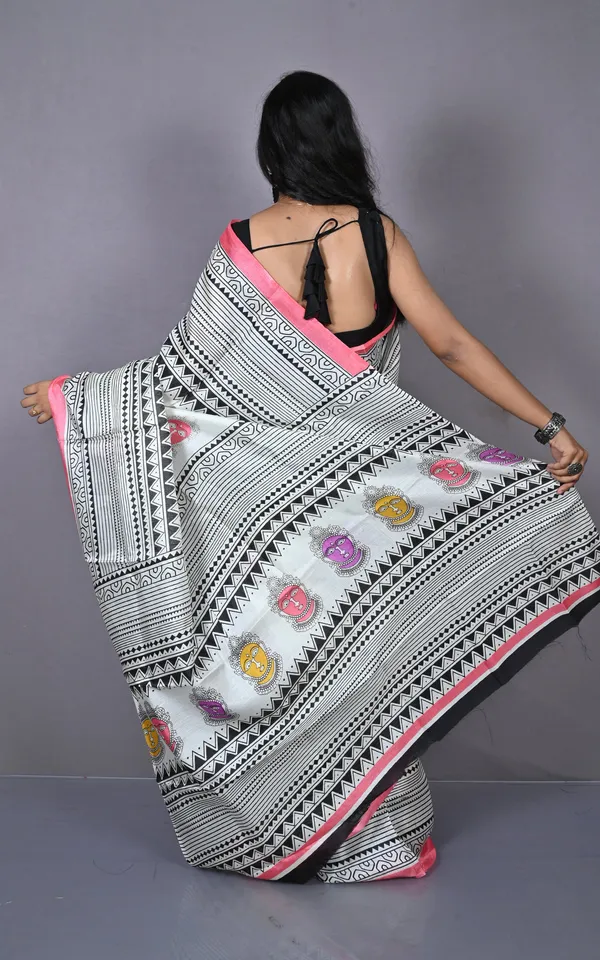 Printed_Soft_Semi_Ghicha_Silk_Saree_In_Off_White_Rosy_Peach_And_Multicolor