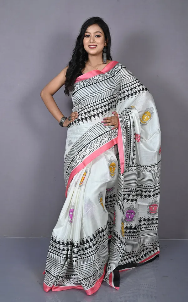 Printed_Soft_Semi_Ghicha_Silk_Saree_In_Off_White_Rosy_Peach_And_Multicolor