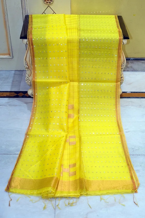 Designer_Sitara_Work_Skirt_Border_Muslin_Silk_Saree_In_Yellow_Silver_And_Copper
