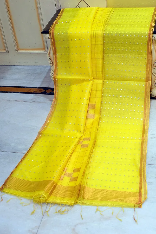 Designer_Sitara_Work_Skirt_Border_Muslin_Silk_Saree_In_Yellow_Silver_And_Copper