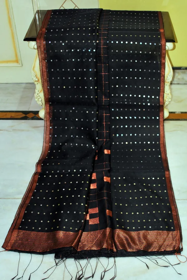 Designer_Sitara_Work_Skirt_Border_Muslin_Silk_Saree_In_Black_Silver_And_Copper