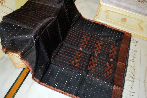 Designer_Sitara_Work_Skirt_Border_Muslin_Silk_Saree_In_Black_Silver_And_Copper