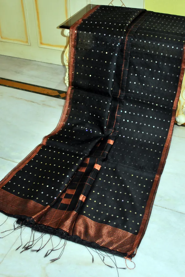 Designer_Sitara_Work_Skirt_Border_Muslin_Silk_Saree_In_Black_Silver_And_Copper