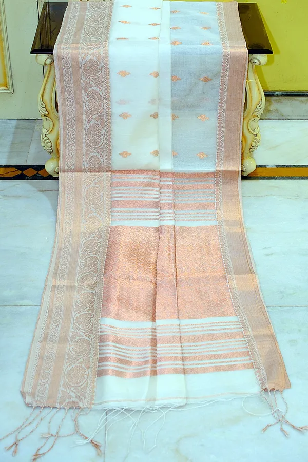 Soft_Muslin_Silk_Banarasi_Saree_In_Off_White_And_Golden