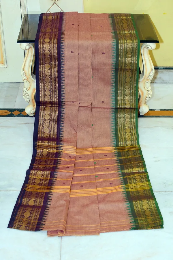 Jacket_Nakshi_Border_Work_Cotton_Gadwal_Saree_In_Pinkish_Brown_Midnight_Purple_And_Lunar_Green