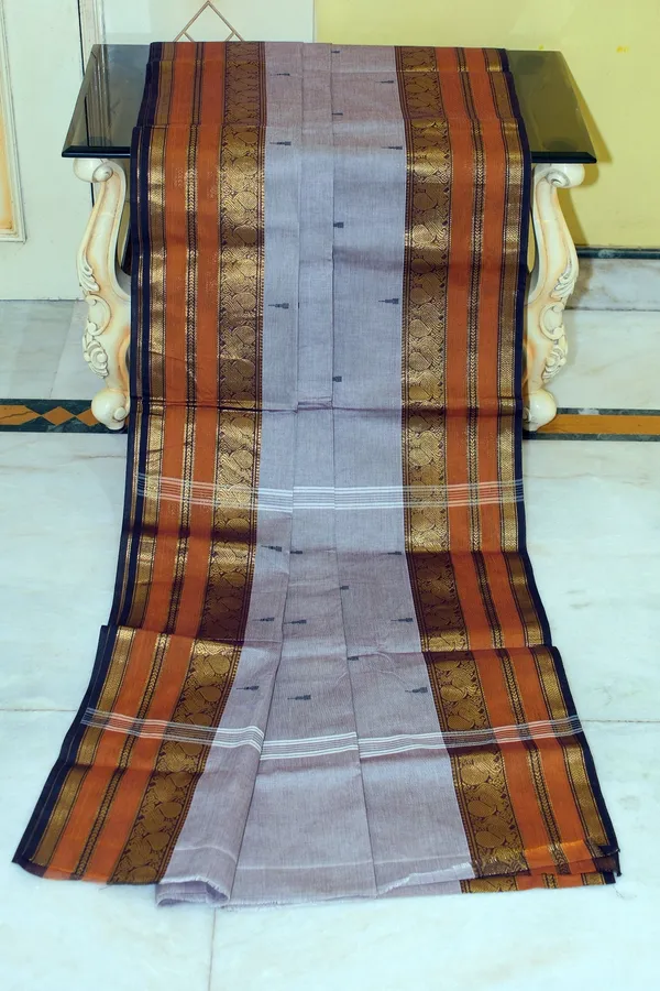 Jacket_Nakshi_Border_Work_Cotton_Gadwal_Saree_In_Regent_Grey_Black_And_Cumin