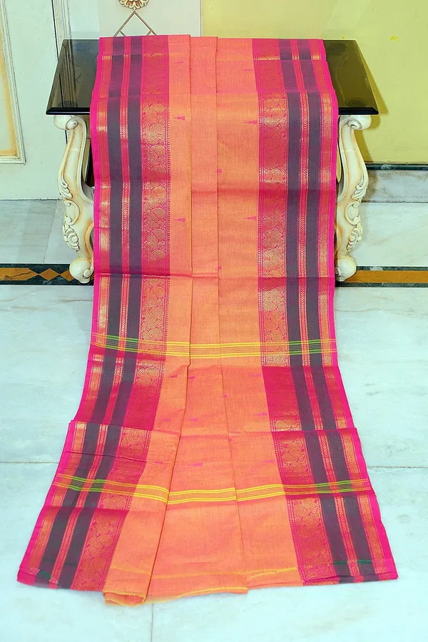 Jacket_Nakshi_Border_Work_Cotton_Gadwal_Saree_In_Persian_Orange_Hot_Pink_And_Green