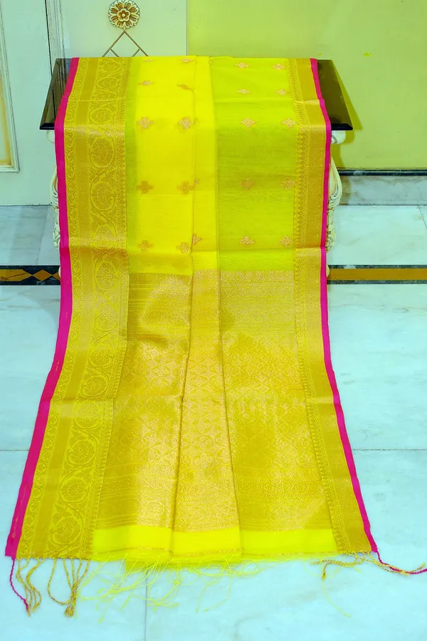 Soft_Muslin_Silk_Banarasi_Saree_In_Yellow_Hot_Pink_And_Antique_Golden_Zari_Work