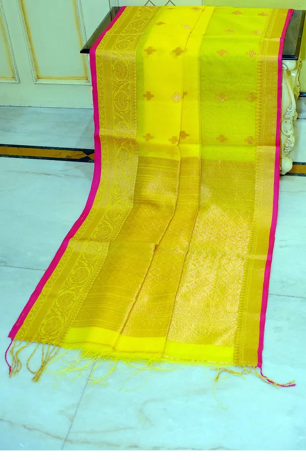 Soft_Muslin_Silk_Banarasi_Saree_In_Yellow_Hot_Pink_And_Antique_Golden_Zari_Work